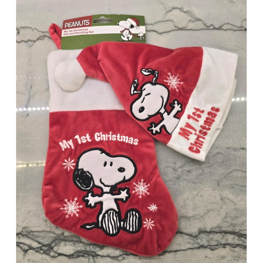 Peanuts Christmas Stocking Hat Set Kids‎ Small My 1st Christmas Snoopy Red Gift